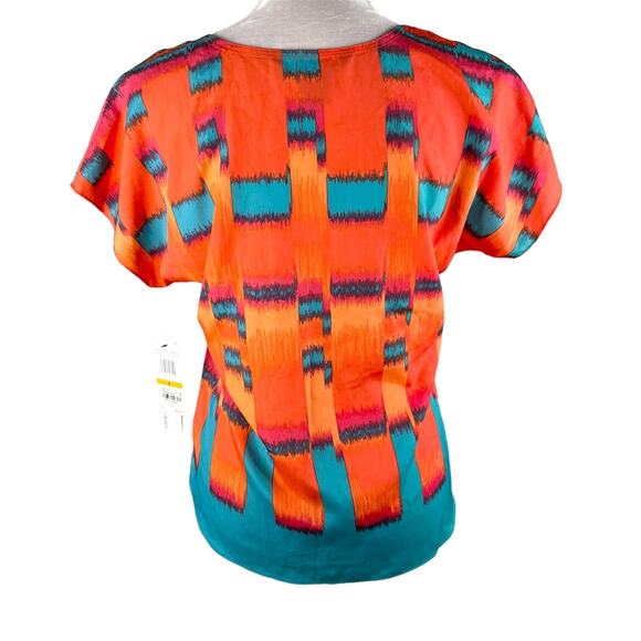 Calvin Klein Firecracker Blouse Small Orange Teal Short Sleeves New - Picture 11 of 12